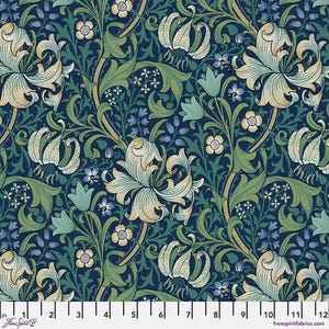 ORIGINAL MORRIS & CO Golden Lily - Navy PWWM028. navy for Free Spirit Fabrics 100% Cotton sold by the yard