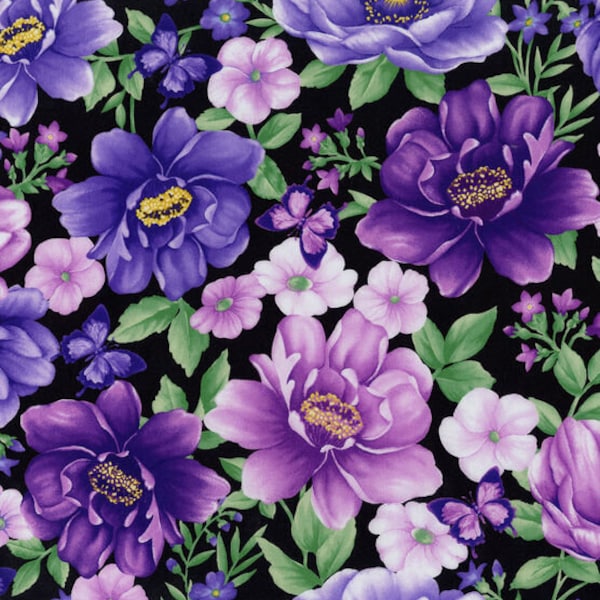 Hi Fashion Dahlias Purple Floral on Black Premium Cotton Fabric 100% Cotton (small bolt)