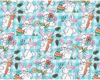 Fabric Traditions Easter 17922-B Patty Reed Bunnies on Teal Plaid Cotton Fabric 100% cotton