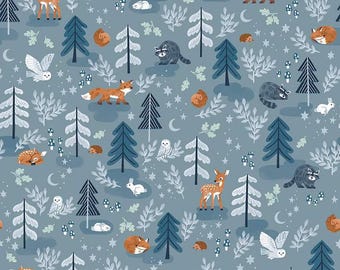 Twilight Creatures Main Storm C15360-STORM by Natàlia Juan Abelló for Riley Blake forest animals trees plants stars 100% cotton fabric
