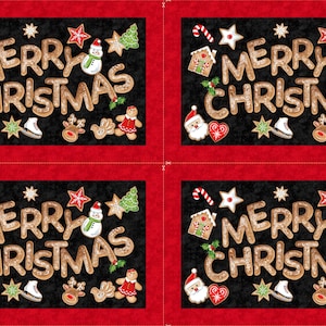 May include: Four black and red fabric squares with the words "Merry Christmas" in gingerbread cookie shapes. The words are surrounded by various Christmas-themed gingerbread cookies, including a snowman, a Santa Claus, a stocking, and a Christmas tree.