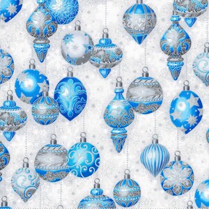 Robert Kaufman decorative ornaments on Cream white blue Metallic Christmas Cotton Fabric 100% Cotton sold by half yard by the yard image 4