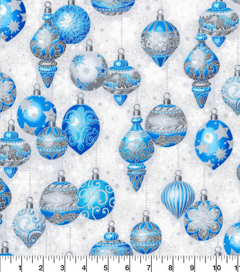 Robert Kaufman decorative ornaments on Cream white blue Metallic Christmas Cotton Fabric 100% Cotton sold by half yard by the yard image 4