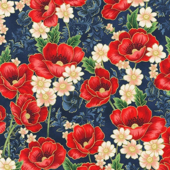 その他 apricot Robert Kaufman Poppy Hill Studio Poppies Bouquet Gold