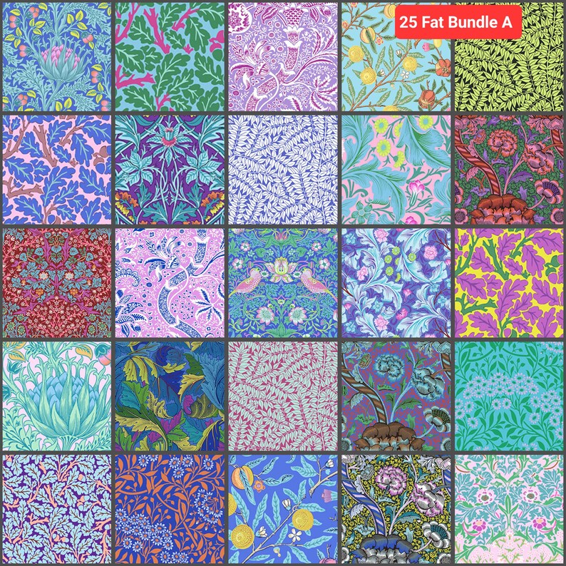 Puede incluir: Una colecci&oacute;n de 25 cuadrados de tela de tama&ntilde;o "fat quarter" con una variedad de patrones florales y bot&aacute;nicos en tonos de azul, rosa, verde y morado. Los cuadrados de tela est&aacute;n dispuestos en una cuadr&iacute;cula y etiquetados como "25 Fat Bundle A".