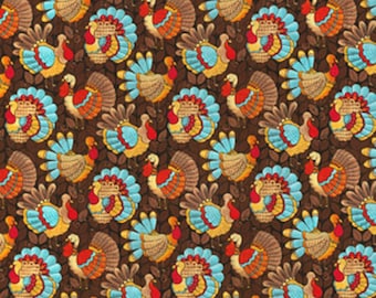 Fall Teal Turkeys on Brown Cotton Fabric by Laurie Campbell from Fabric Traditions turkey Harvest fall theme 100%  cotton