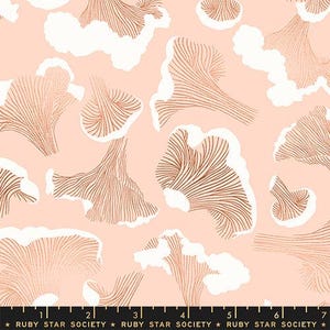 May include: A fabric with a repeating pattern of stylized, copper-colored mushroom illustrations with white accents on a light peach background. The fabric has a modern, botanical theme. The text "RUBY STAR SOCIETY" is printed at the bottom.