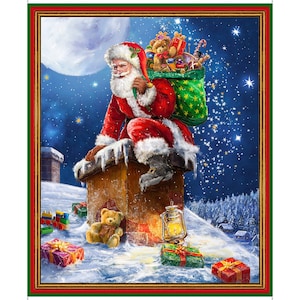 Quilting Treasures Fabrics Up on the Housetop Christmas Santa Claus Chimney Panel 100% Cotton Fabric 36&quot;x44&quot; Panel