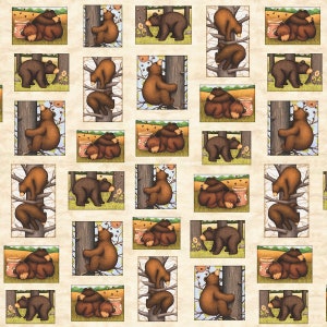 May include: A repeating pattern of brown bears in various poses, including climbing trees, sitting on branches, and cuddling. The bears are depicted in a cartoon style with simple features and a light brown color. The background is a light beige.