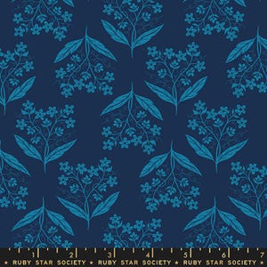 May include: Navy blue fabric with a repeating pattern of teal floral sprigs and leaves. The design features clusters of small flowers and elongated leaves on a dark background. The text "RUBY STAR SOCIETY" is at the bottom.