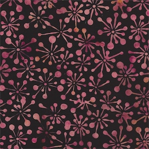 May include: A black fabric with a pink floral pattern. The flowers are stylized and have a starburst shape with rounded edges.