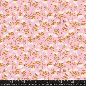 May include: Pink fabric with a repeating floral pattern. The design features white flowers with textured details and brown stems and leaves. The text "RUBY STAR SOCIETY" is at the bottom of the fabric.