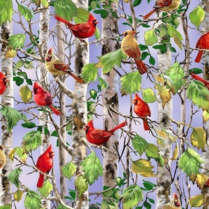 May include: A seamless pattern featuring red cardinals perched on birch trees with green leaves. The background is a light purple color.