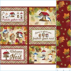 May include: A set of four fabric panels featuring a birdhouse and blue jays with the text "Friends gather here", "Home is where you feather your nest", and "Welcome to our Nest". The panels are surrounded by a red and green plaid border and a border of autumn leaves. The fabric is perfect for quilting, crafts, and home decor.