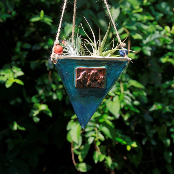 Ceramic Hanging Planter Pyramid Shaped Dark Turquoise with Birds on a Branch Applique