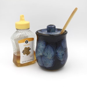 Honey Pot or Honey Jar in Deep Blue with an Abstract Flower Design