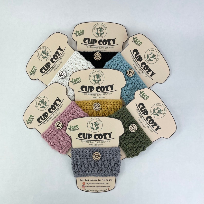 Bamboo and Silk Cup Cozy Crochet Reusable Cup Sleeve Eco Friendly Wood Button Starbucks sleeves