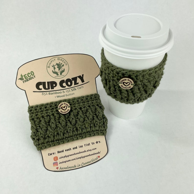 Bamboo and Silk Cup Cozy Crochet Reusable Cup Sleeve Eco Friendly Wood Button Starbucks sleeves