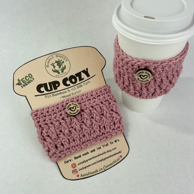 Bamboo and Silk Cup Cozy Crochet Reusable Cup Sleeve Eco Friendly Wood Button Starbucks sleeves