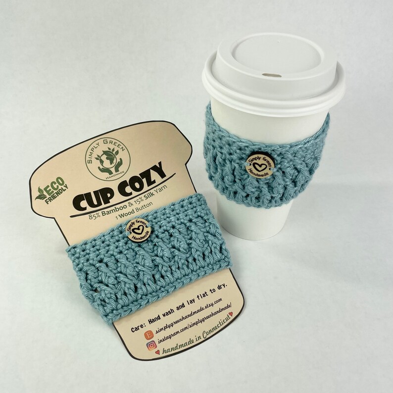 Bamboo and Silk Cup Cozy Crochet Reusable Cup Sleeve Eco Friendly Wood Button Starbucks sleeves