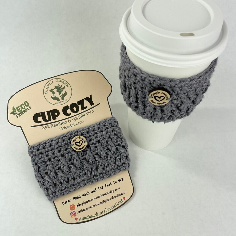 Bamboo and Silk Cup Cozy Crochet Reusable Cup Sleeve Eco Friendly Wood Button Starbucks sleeves