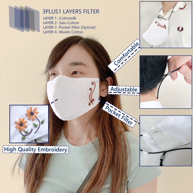 Flower Embroidery face mask with neck strap adjustable elastic Etsy