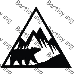 May include: Black and white silhouette of a bear standing in front of a mountain range inside a triangle.
