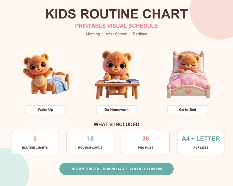 Kids Morning Routine Chart, Bedtime Routine Printable, Toddler Visual ...
