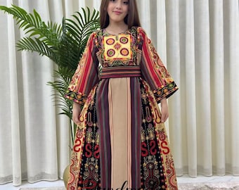 Palestinian Embroidery Girls Dress: Traditional Tatreez Cross Stitched Bridal Thobe, Ramadan Eid Arab Fashion