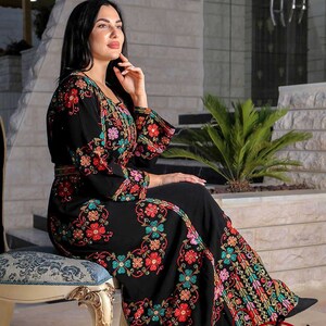 Floria Palestinian Jordanian Embroidered New Design Abaya Maxi Dress - Top Quality Arabic Tatreez Thobe Beautiful Floral Cross Stitching Art