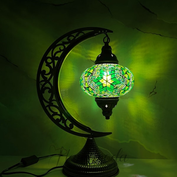 Turkish Moroccan Mosaic Moon Bedside Table Lamp Personalized Home Decor Gift Antique Handmade Desk Lampshade Green Night light Custom Lamp