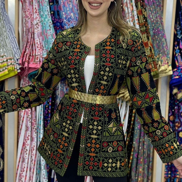 Safaa Embroidered Blazer, Traditional Tatreez Jacket, Henna Folk Dress, Palestinian Traditional Embroidery, جاكيت مطرز, Cross Stitch Blouse