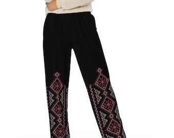 Palestinian Tatreez Embroidery Pattern Print Wide-Leg Pants