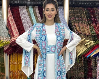 Hanin Traditional Palestinian Tatreez Cape Bisht with Internal Dress Embroidered Wedding Long Sleeve Fringe Hem Cross Stitch Henna Eid Abaya