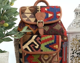 Bohemian Red and Yellow Patterned Backpack Turkish made with Kilim woven fabric Vintage Kilim Backpack, Wool and Leather Knapsack, Unisex  main image 3