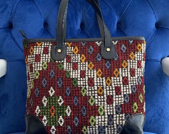 Handmade Kilim Leather Handbag: Vintage Bohemian Woven Wool Travel Bag