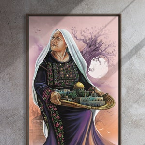 Palestinian Woman Framed Canvas the Cornerstones of Palestine Resistance and Struggle for Existence and Freedom Drawing Wall Art Home Decor