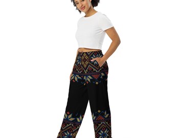 Tatreez Wide-Leg Pants, Customizable Embroidery Art Colorful Printed Pattern