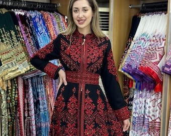 Embroidered Traditional Palestinian Maxi Dress Occasional Long Kaftan Thowb Top Quality Royal Jordanian Tatreez Cross Stitching Art Thobe