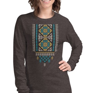 Palestine Realistic Embroidery Pattern #2 Customized Women&#39;s Long Sleeve, Palestinian Traditional Tatreez Art Personalized Top Quality Shirt