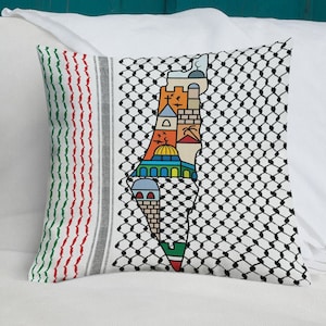 I Love Palestine My Homeland Custom Decorative Gift Pillow - Palestinian Map Flag Traditional Kufiya Pattern Personalized Throw Pillow -blk