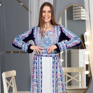 Sally Occasional Tatreez Maxi Dress Beautiful Palestinian Jordanian Traditional Fallahi Embroidery Abaya Top Quality Cross Stitch Eid Thobe