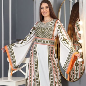 Sundus Embroidered Maxi Royal Dress Top Quality Palestinian Jordanian Tatreez Elegant Cross Stitching Art Special Occasion Eid Bridal Thoub