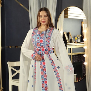 Jana traditional Palestinian Jordanian Arabic Tatreez Thoub Embroidery Cape Bisht with Internal Dress, Cross stitch Henna Eid Abaya dress