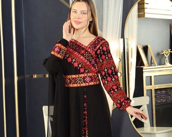 Lamyaa New Design Palestinian Jordanian Tatreez Thobe Embroidered Arabic Abaya Eid Dress Top Quality Elegant Cross Stitch Maxi Dress -Black