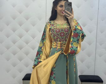 Noura Palestinian Tatreez Embroidered Dress: Occasional Cross Stitch Bridal Caftan Thobe