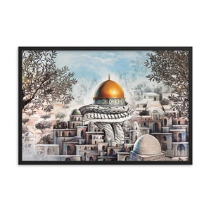 Jerusalem Capital of Palestine Dome of the Rock Old City Al Quds Aqsa Drawing Wall Art Kufiya Palestinian Resistance and Freedom Painting