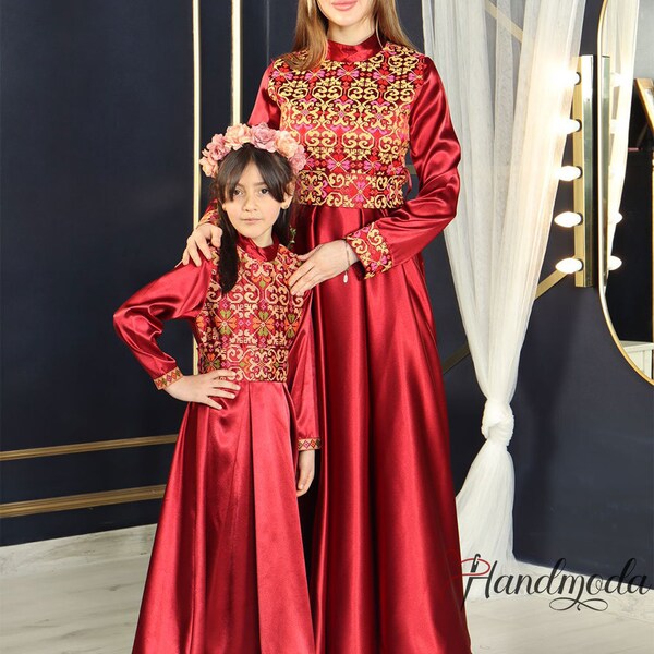 Beautiful Palestinian Jordanian Tatreez Eid Dress, Embroidery Mother Daughter Maxi Dress, Occasional Cross Stitching Red Gold Wedding Dress