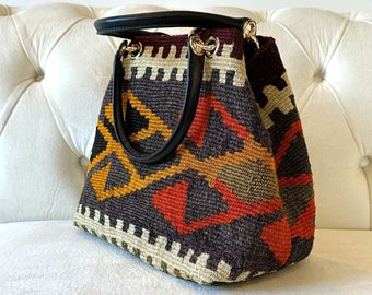 Gina Handmade Kilim Shoulder Bag, Vintage Hand-woven Bohemian Handbag, Travel Bag, Turkish Kilim Bag, Boho Traditional Women's Bag