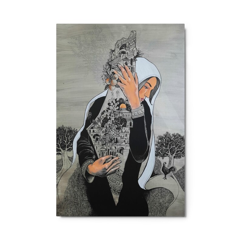 May include: A woman in a black dress and white headscarf holds a city within her arms. The city is depicted as a detailed black and white illustration with a few pops of color, including a yellow sun and orange fruit. The woman's face is partially obscured by the headscarf, but her eyes are visible and she appears to be looking down. The background is a light gray with a few trees and a rooster.